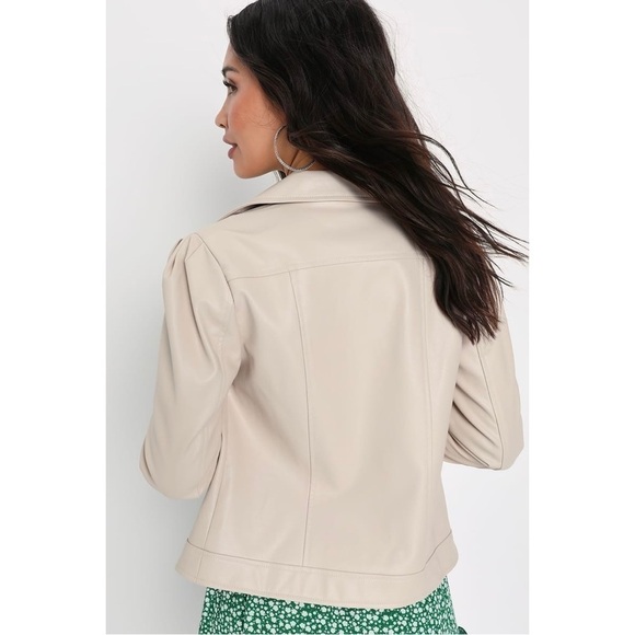 Lulus Pretty Powerful Beige Vegan Leather Puff Sleeve Moto Jacket - Picture 5 of 12